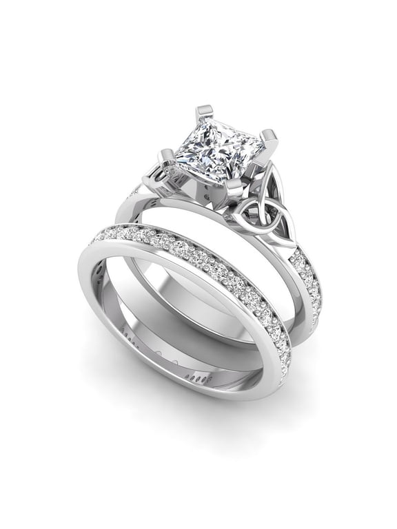 1.5 Ct Princess Cut Lab Grown Diamond Celtic Knot Bridal Wedding Ring Set for Women, IGI Certified D VS1, 14K White Gold, 7 US