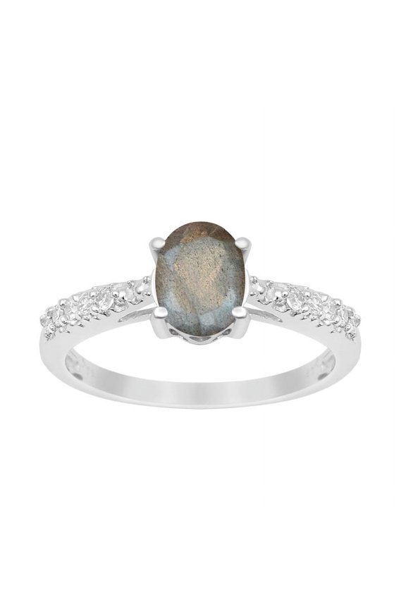 1.5 Ct Oval Cut Labradorite Gemstone 925 Sterling Silver Solitaire Side Accents Women Wedding Ring