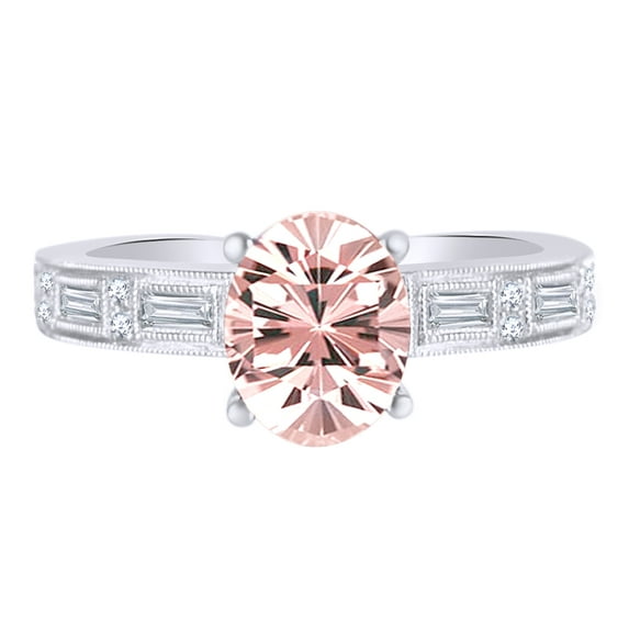 AFFY 1.5 Ct Oval Cut Simulated Morganite & White Natural Diamond Milgrain Engagement Ring in 10k White Gold Ring Size - 9