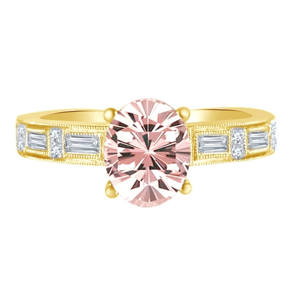 AFFY 1.5 Ct Oval Cut Simulated Morganite & White Natural Diamond Milgrain Engagement Ring in 10k Yellow Gold Ring Size - 13.5