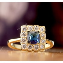 1.5 Ct Princess Cut Blue Sapphire Diamond Ring, Square Halo Diamond Engagement Ring, Cluster Halo Ring, 14K Yellow Gold Plated, September Birthstone Ring For Her