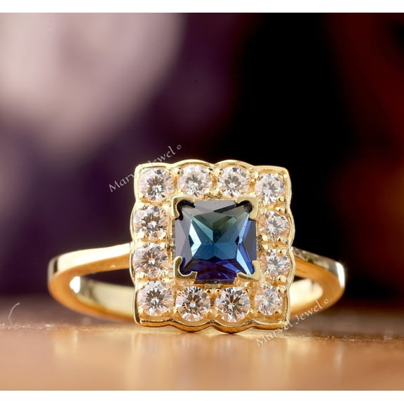 1.5 Ct Princess Cut Blue Sapphire Diamond Ring, Square Halo Diamond Engagement Ring, Cluster Halo Ring, 14K Yellow Gold Plated, September Birthstone Ring For Her