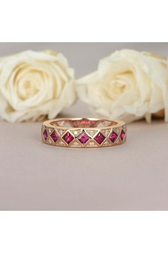 1.5 Ct Princess Cut Lab Created Princess Ruby Diamond Full Eternity Band Ring 14k Rose Gold Plated 925 Sterling Silver