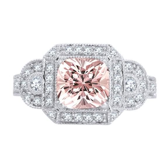 AFFY 1.5 Ct Princess Cut Morganite & White Natural Diamond Vintage Halo Engagement Ring in 10k White Gold Ring Size - 7
