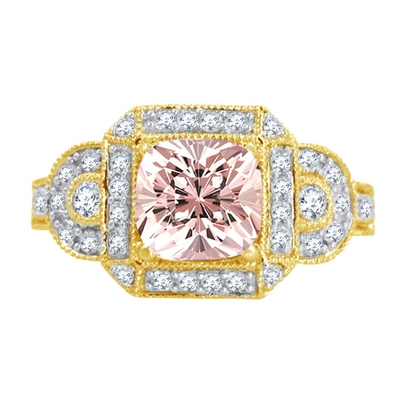 AFFY 1.5 Ct Princess Cut Morganite & White Natural Diamond Vintage Halo Engagement Ring in 10k Yellow Gold Ring Size - 9