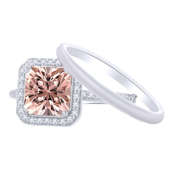 1.5 Ct Princess Cut Simulated Morganite & White Natural Diamond Halo Bridal Set with and Diamond on 10k Rose Gold Ring Size - 4