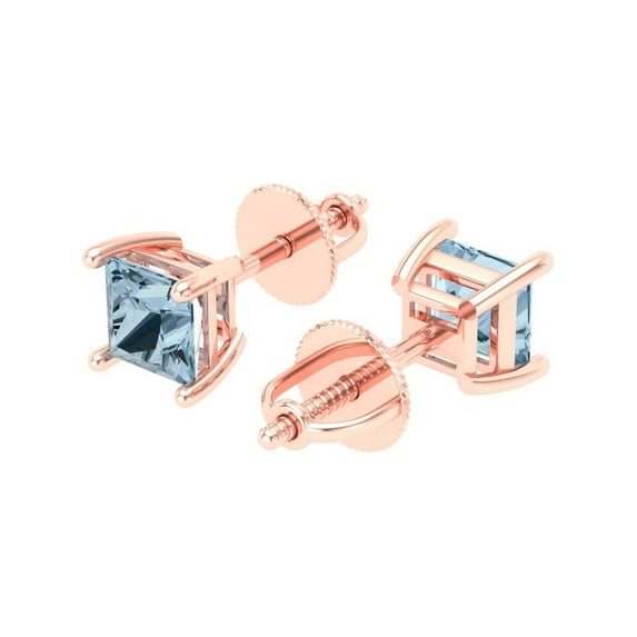 1.5 Ct Princess Cut Studs Blue Natural Aquamarine 18K Rose Solid Solid Gold Everyday Dainty Earrings Screw Back