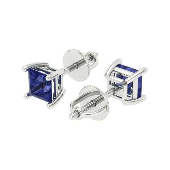 1.5 Ct Princess Cut Studs Blue Tanzanite 18K White Solid Solid Gold Everyday Dainty Earrings Screw Back