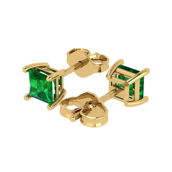 1.5 Ct Princess Cut Studs Green Emerald 14K Yellow Solid Solid Gold Everyday Dainty Earrings Push Back