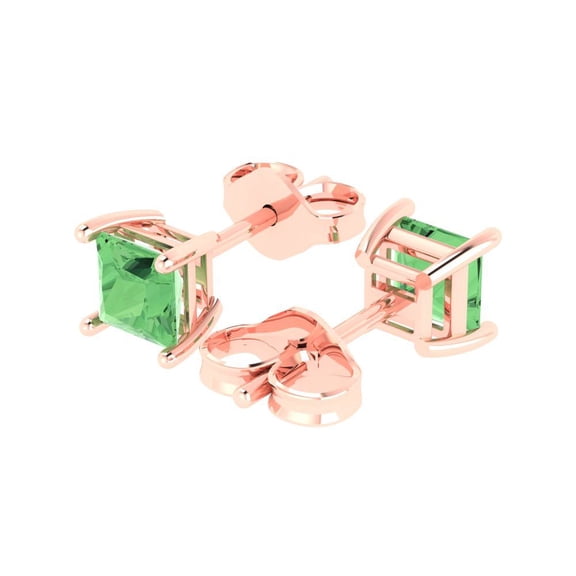 1.5 Ct Princess Cut Studs Green Crystal 18K Rose Solid Gold Everyday Dainty Earrings Push Back