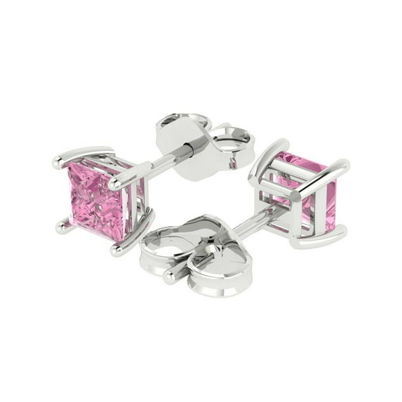 1.5 Ct Princess Cut Studs Pink Crystal 18K White Solid Gold Everyday Dainty Earrings Push Back