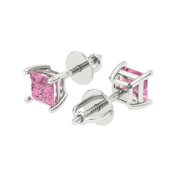 1.5 Ct Princess Cut Studs Pink Crystal 18K White Solid Gold Everyday Dainty Earrings Screw Back
