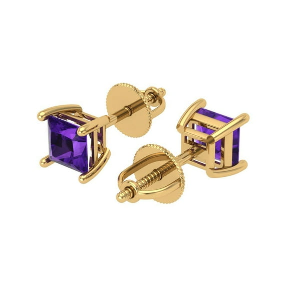 1.5 Ct Princess Cut Studs Purple Natural Amethyst 14K Yellow Solid Solid Gold Everyday Dainty Earrings Screw Back