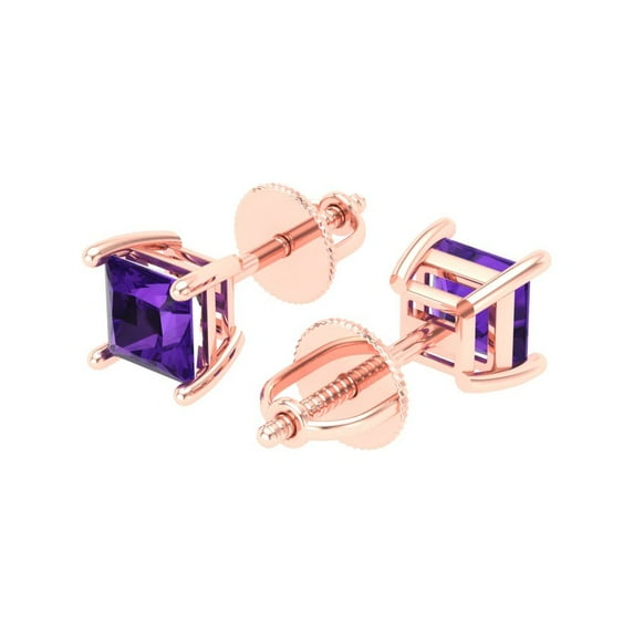 1.5 Ct Princess Cut Studs Purple Natural Amethyst 18K Rose Solid Solid Gold Everyday Dainty Earrings Screw Back