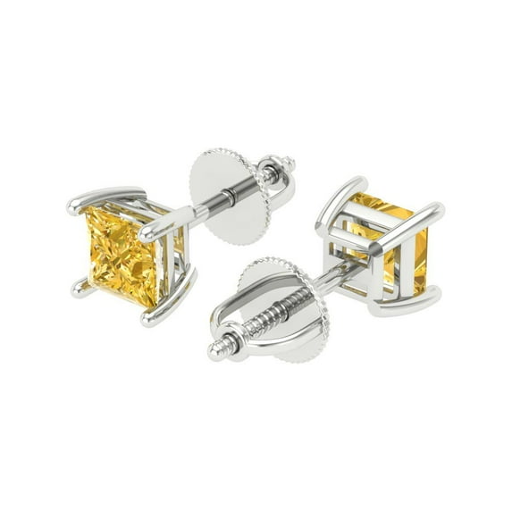 1.5 Ct Princess Cut Studs Yellow Natural Citrine 18K White Solid Solid Gold Everyday Dainty Earrings Screw Back