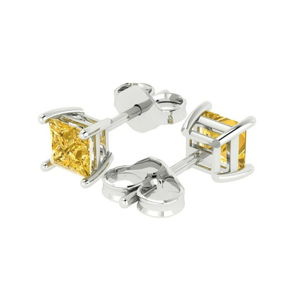 1.5 Ct Princess Cut Studs Yellow Natural Citrine 18K White Solid Solid Gold Everyday Dainty Earrings Push Back