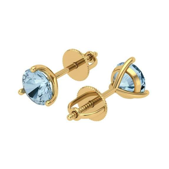 1.5 Ct Round Cut Studs Blue Crystal 14K Yellow Solid Gold Everyday Dainty Earrings Screw Back