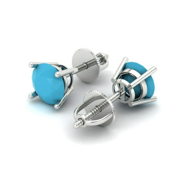 1.5 Ct Round Cut Studs Blue Turquoise 18K White Solid Solid Gold Everyday Dainty Earrings Screw Back