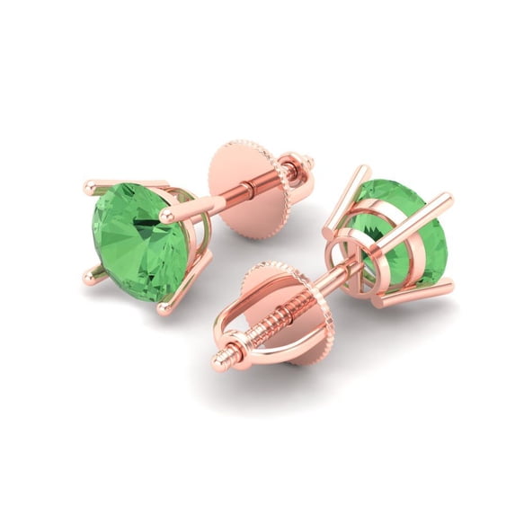 1.5 Ct Round Cut Studs Green Crystal 18K Rose Solid Gold Everyday Dainty Earrings Screw Back