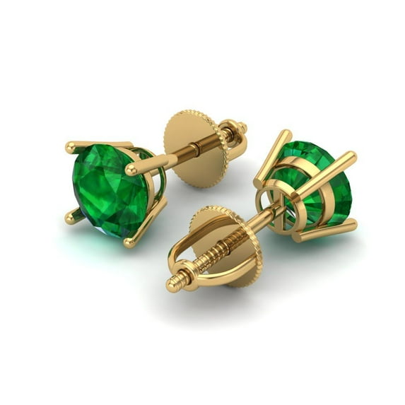 1.5 Ct Round Cut Studs Green Emerald 18K Yellow Solid Solid Gold Everyday Dainty Earrings Screw Back