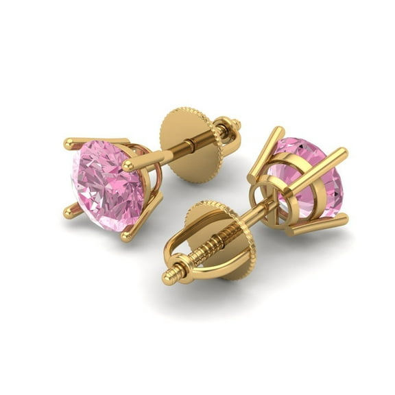 1.5 Ct Round Cut Studs Pink Crystal 18K Yellow Solid Gold Everyday Dainty Earrings Screw Back
