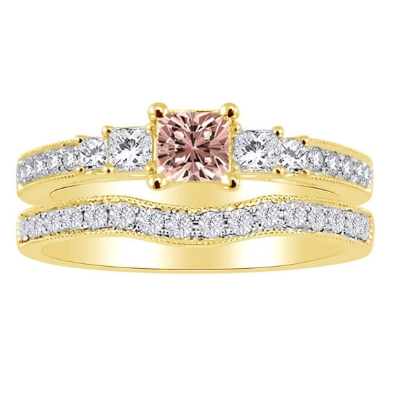 AFFY 1.5 Ct Simulated Morganite & White Natural Diamond Engagement Bridal Ring set in 10k Yellow Gold Ring Size : 13