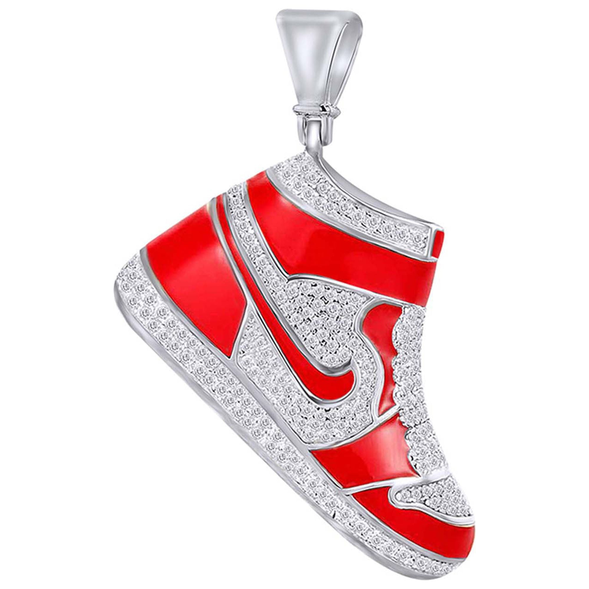 1.5 Cttw White Natural Diamond & Red Enamel Hip Hop Jewelry Shoes Charm  Pendant In Sterling Silver