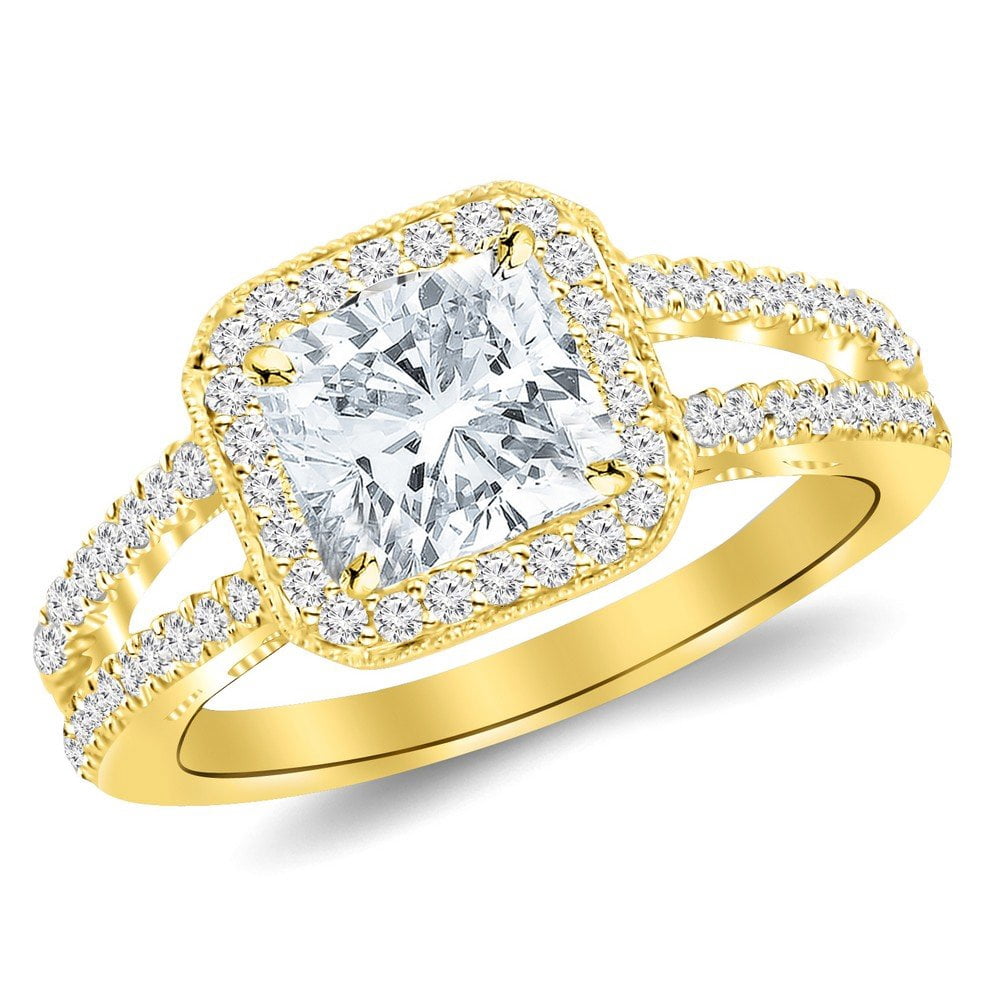 Stone Yellow Color 1.5 Ctw 14K Yellow Gold Designer Split Shank Halo Milgrain Diamond ...