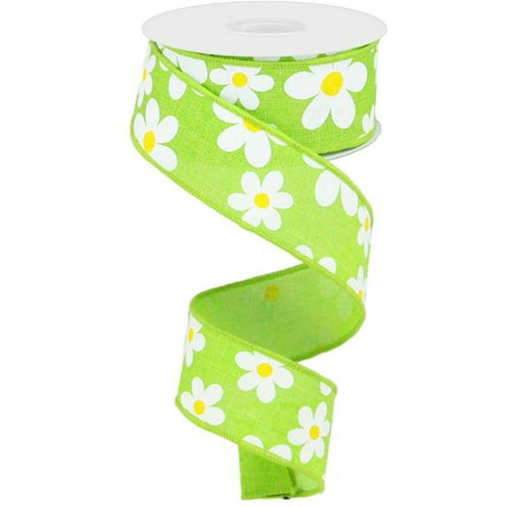 1.5" Flower Daisy Ribbon: Lime Green (10 Yards) Summer Spring Floral Wired Ribbon RG0193433TR74609-33