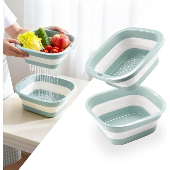 1.5 Gal (5.5L) Collapsible Dish Basin with Drain Basket Colanders, Multiuse Double-Layer Foldable Strainers Sink Tub, Collapsible Wash Basin Pan, Plastic Tubs, Dishpan, Kitchen Sink, Green