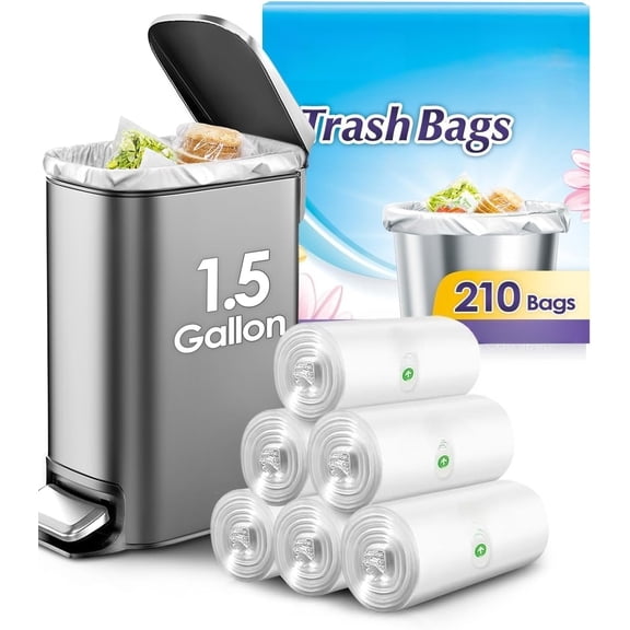 1.5 Gallon 210 Counts Small Trash Bags Garbage Bags, Bathroom Trash Can Bin Liners, Small Plastic Bags for home office kitchen, Clear