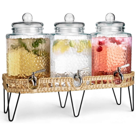 1.5 Gallon Glass Drink Dispenser for Parties 3 PACK Beverage Dispensers with Stand, Glass Water Jug Dispenser, with 18/8 Stainless Steel Spigot, Great for Party, Wedding, Picnic, BBQ Wicker Design