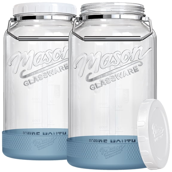 1.5 Gallon Huge Glass Jar with Airtight Lid, Wide Mouth Large Mason Jars for Fermenting, Pickling, Canning, Water Glassing Eggs, Kombucha, and Food Storage with Handle & Scale Marks(2 Packs)