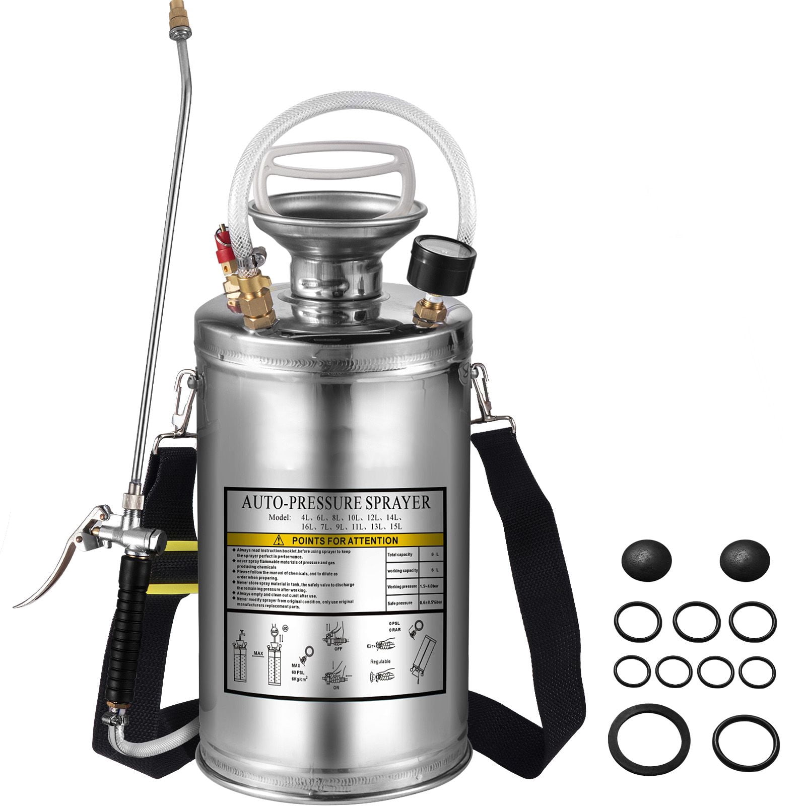 1.5 Gallon Stainless Steel Sprayer, 1.5-4.0 Bar Pressure, Adjustable Brass Nozzle, Pressure Gauge, Shoulder Strap for Garden Cleaning Disinfection