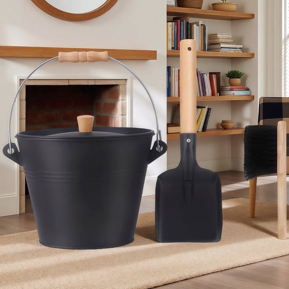 1.5-Gallon Steel Ash Bucket with Fireplace Ash Cleanout Kit w/ Metal Shovel, Brush & Ergonomic Handle