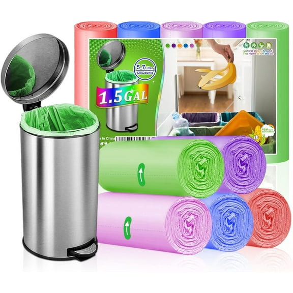 1.5 Gallon Trash Bags Small Bathroom Garbage Bags, Unscented Wastebasket Liners, Strong Kitchen Garbage Bags Colorful Bin Bags.