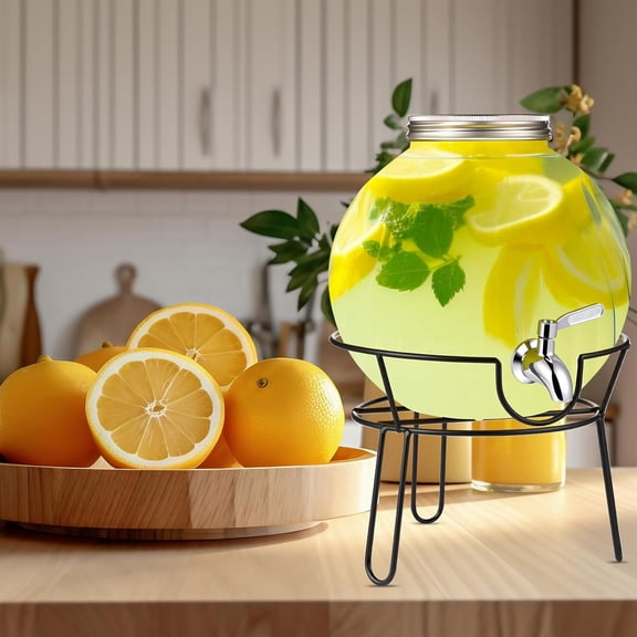 1.5 Gallons Clear Round Glass Drink Dispenser with Steel Stand Silver Lid Stainless Steel Spigot Beverage Dispensers for Parties Drink Lemonade