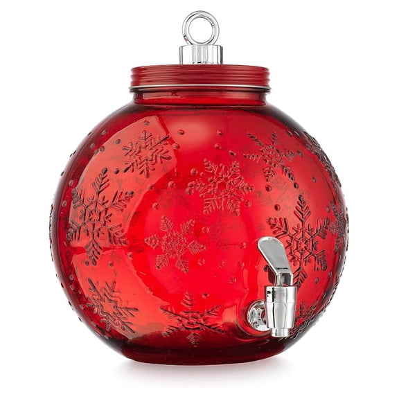 1.5 Gallons Ice Cold Red Glass Christmas Ornament Drink dispenser- Beautiful Snowflake Design - Great For Christmas Parties, Outdoor & Daily Use