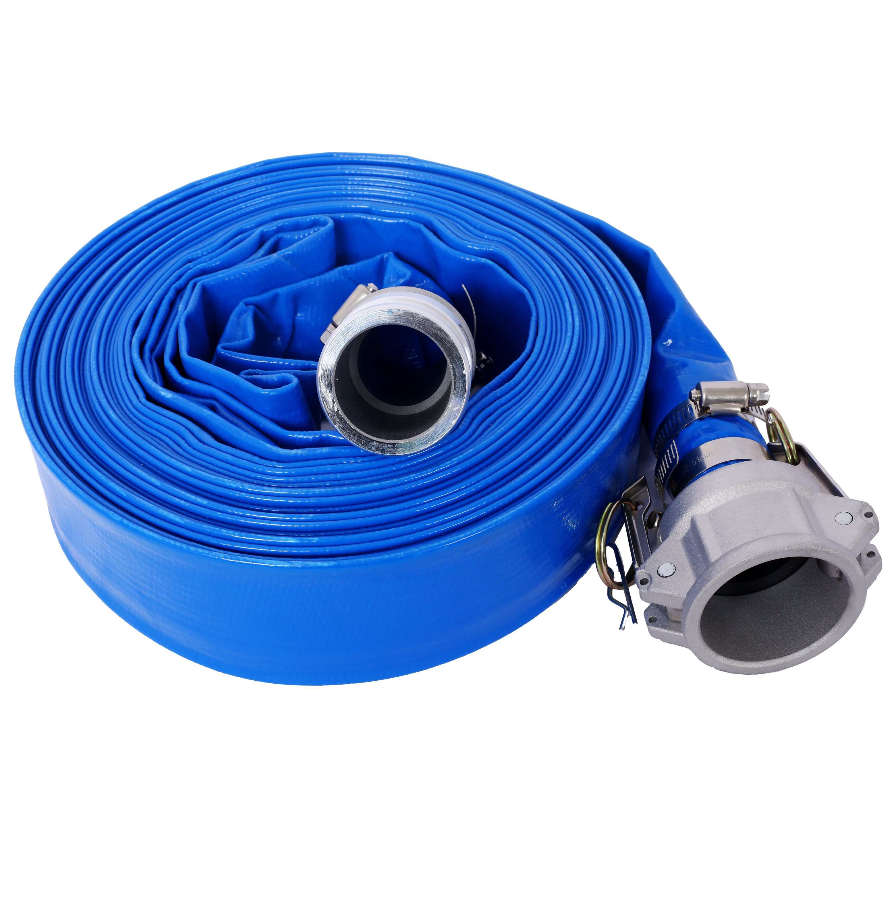 1.5" ID × 50 ft Pool Backwash Hose, Heavy Duty Reinforced Blue PVC Lay Flat Water Discharge Pump Hoses For Swimming Drain Pools and Clean Filters, with Aluminum Camlock C and E Fittings
