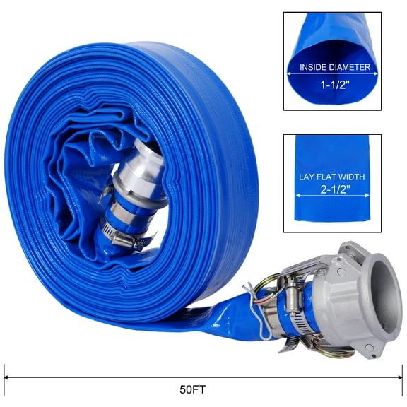 1.5" Id × 50 Ft Pool Backwash Hose,Heavy Duty Reinforced Blue Pvc Lay Flat Water Discharge Pump Hoses for Swimming Drain Pools and Clean Filters,With Aluminum Camlock C and E Fittings,Blue Pvc