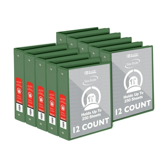 1.5 Inch 3 Ring Binders 12-Count, Round Rings Hold 250 Sheets, Tear-Resistant Cover for Office, Green
