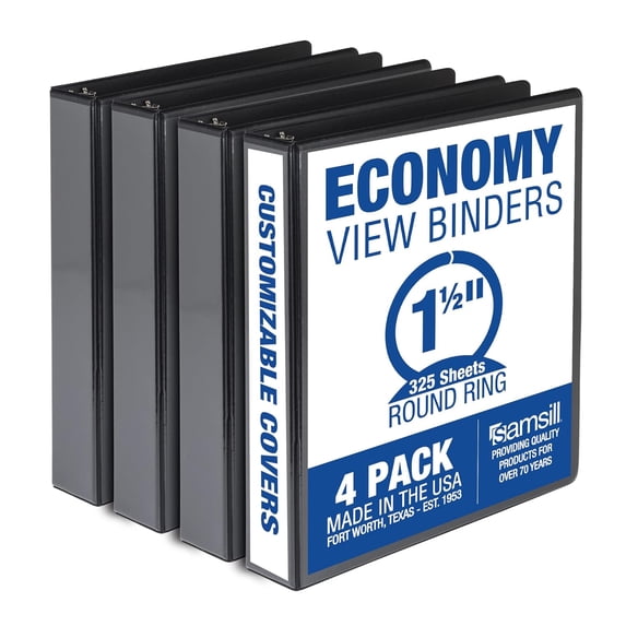 1.5 Inch 3 Ring Binders, Made in USA, Economy Round Ring, Clear View Cover, 325 Sheet Capacity - for School, Home, Office - Black, 4 Pack