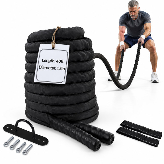 1.5 Inch 40ft Heavy Duty Battle Rope Set with Stand, Sleeve, and Anchor Strap for Home Gym and Outdoor Workouts