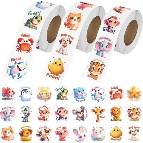 1.5 Inch Animal Stickers for Kids, 3 Rolls 1500 PCS Cute Stickers for Toddlers 2-4 Years, 24 Designs Farm/Ocean/Wild Motivational Sticker for Potty Training Rewards, Classroom Teacher Supplies