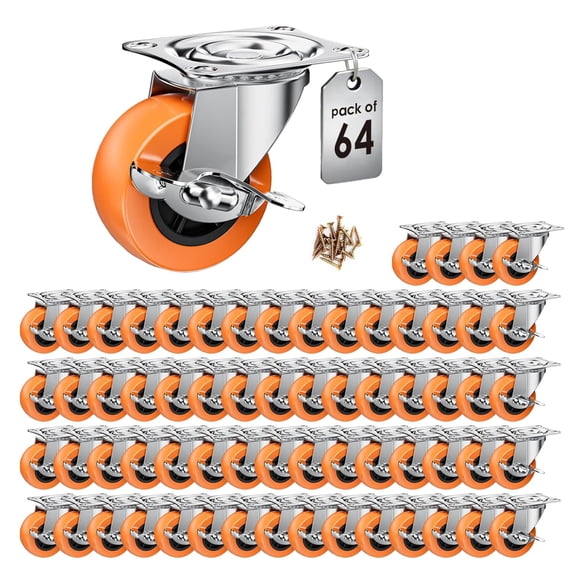 1.5 Inch Casters, Caster Wheels with Side Brake, Locking Casters Set of 64, Industrial/Furniture Swivel Plate Caster Wheels for Workbench and Carts, Orange Polyurethane (PU) Castors (64 Pack)