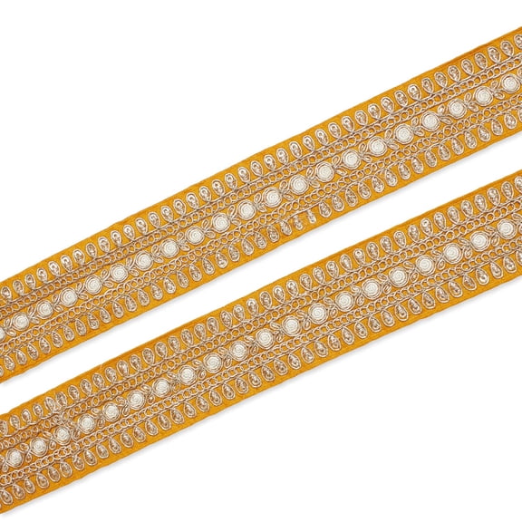 Metallic Woven Trim 1.5 in. Shiny Two Tone Medium Weight Floral Corded Sewing Upholstery Polyester - Gold (1 Pack, 9.8 Yards)