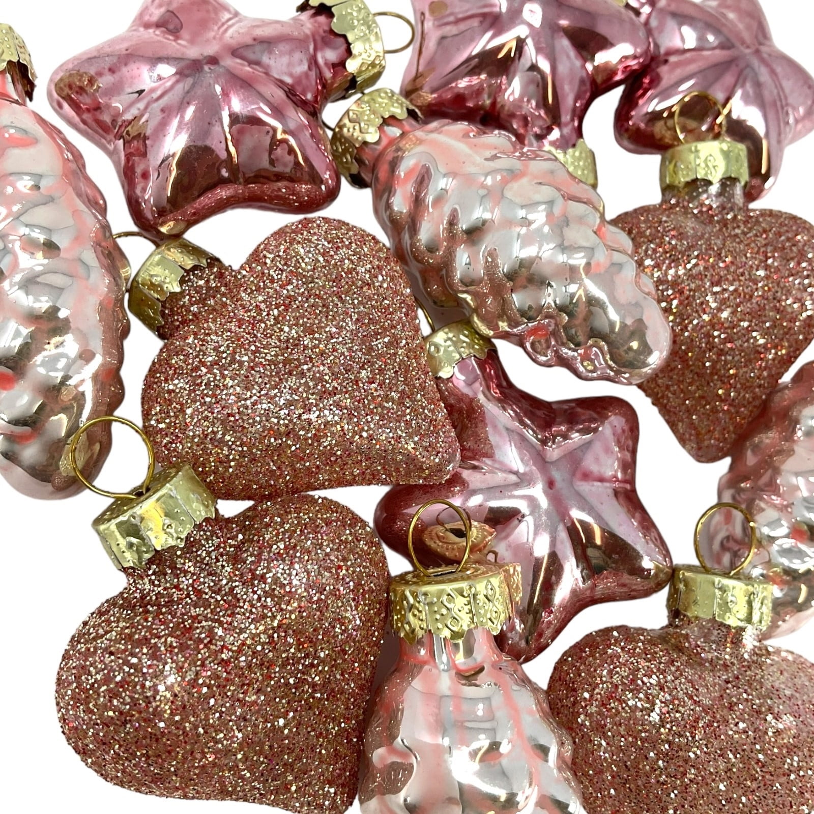 1.5 Inch Heart, Pinecone & Star Pink Glass Christmas Ornaments 12