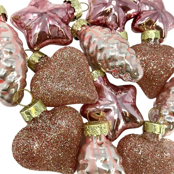 1.5 Inch Heart, Pinecone & Star Pink Glass Christmas Ornaments 12 Piece Set
