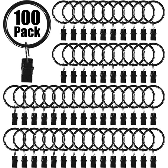 1.5 Inch Metal Curtain Rings with Clips in Black, Curtain Hangers Clips, Drapery Clips with Rings, Set of 100
