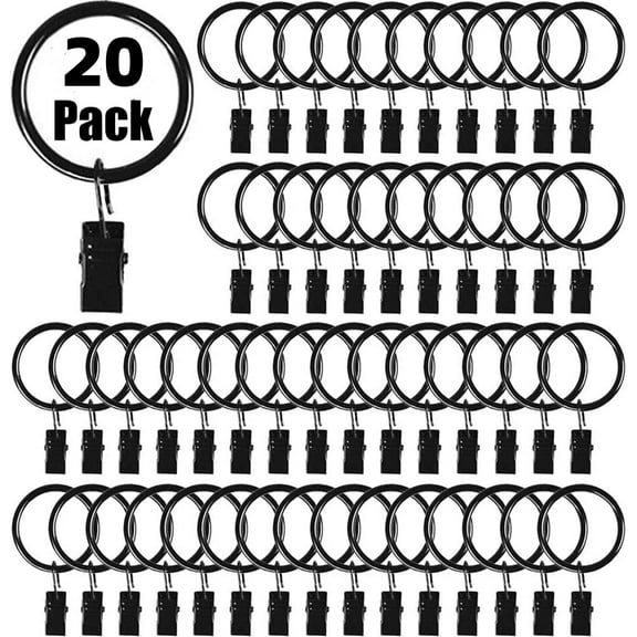 1.5 Inch Metal Curtain Rings with Clips in Black, Curtain Hangers Clips, Drapery Clips with Rings, Set of 20